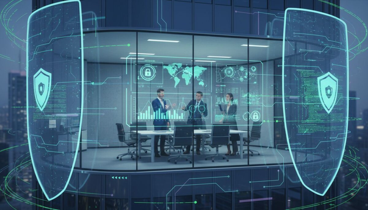 Business office enveloped by digital shields