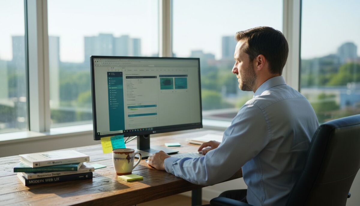 Website admin managing CMS dashboard in office