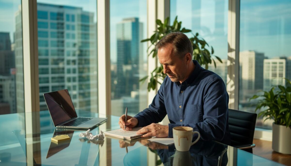 Man sketching website layouts at office table