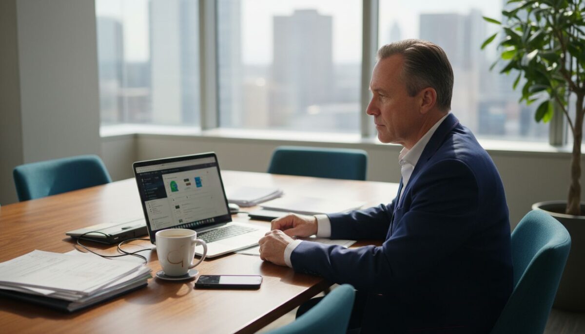 Business owner reviewing website dashboard in office