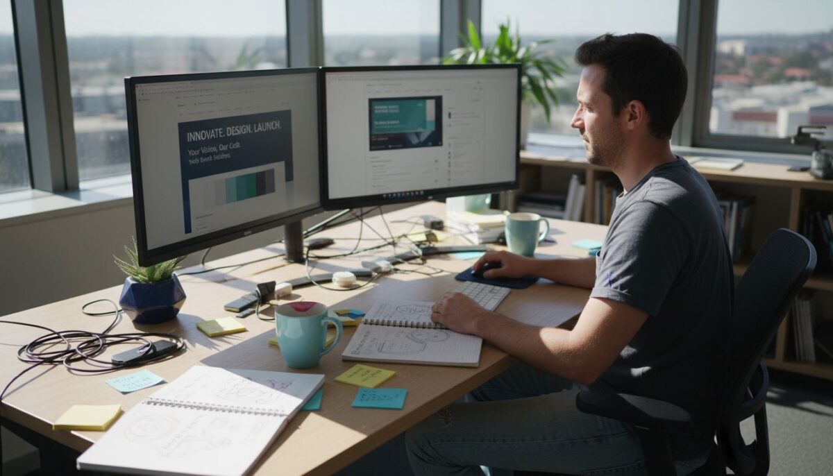 Web designer adjusts brand assets at modern desk