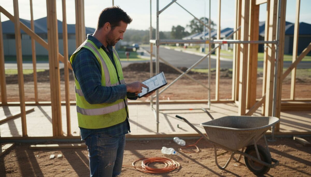 Builder reviews website on tablet at construction site