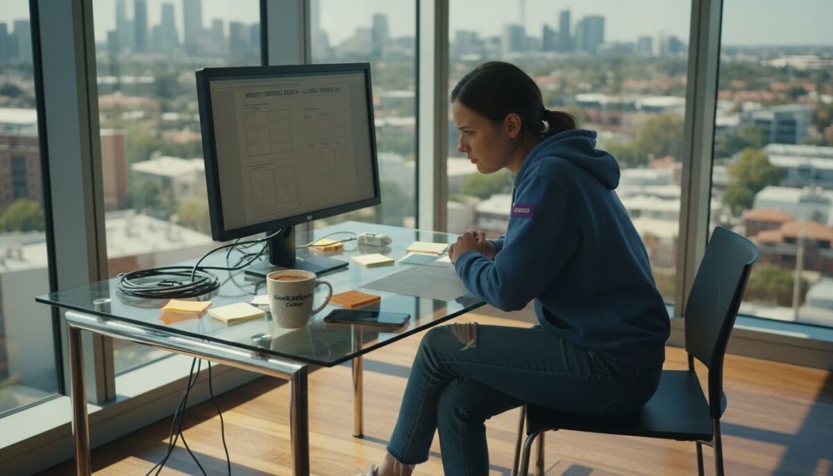 Web designer at desk reviewing site layouts