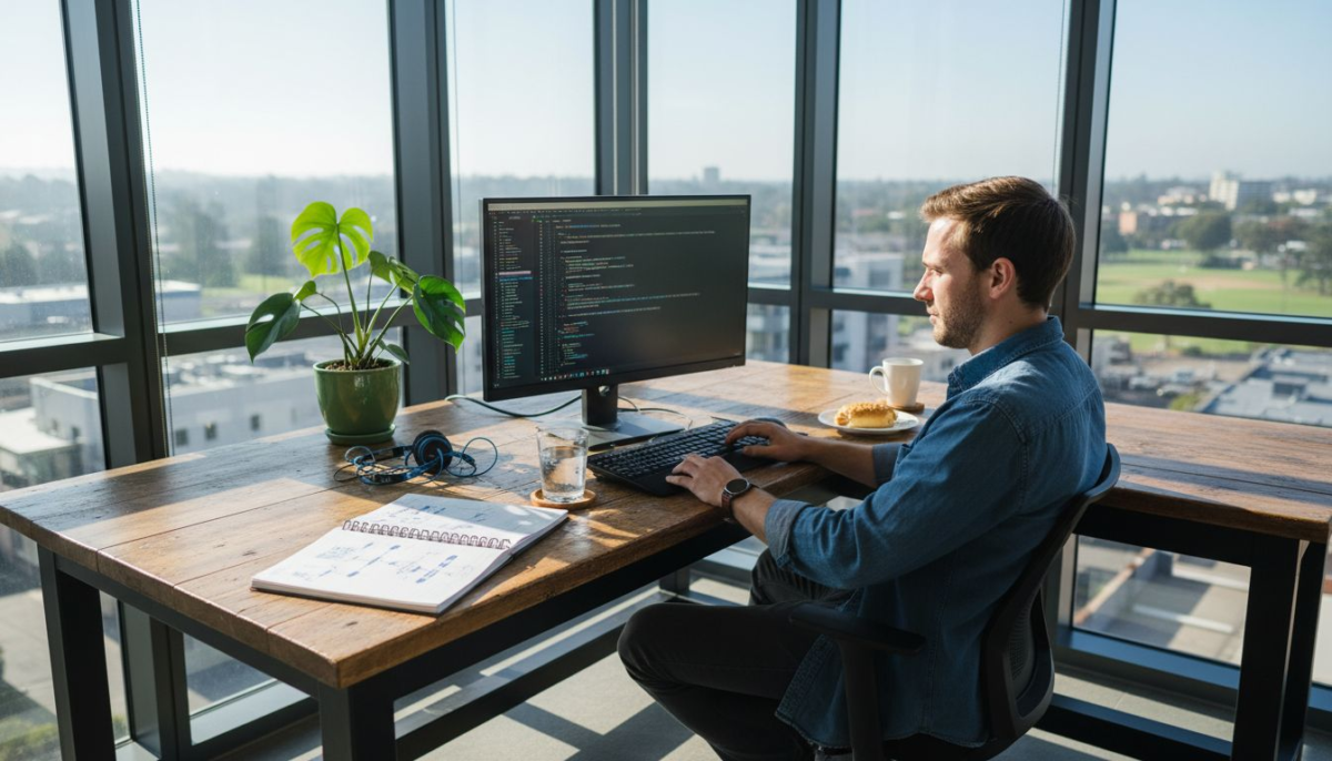 Web developer builds static website at corner desk
