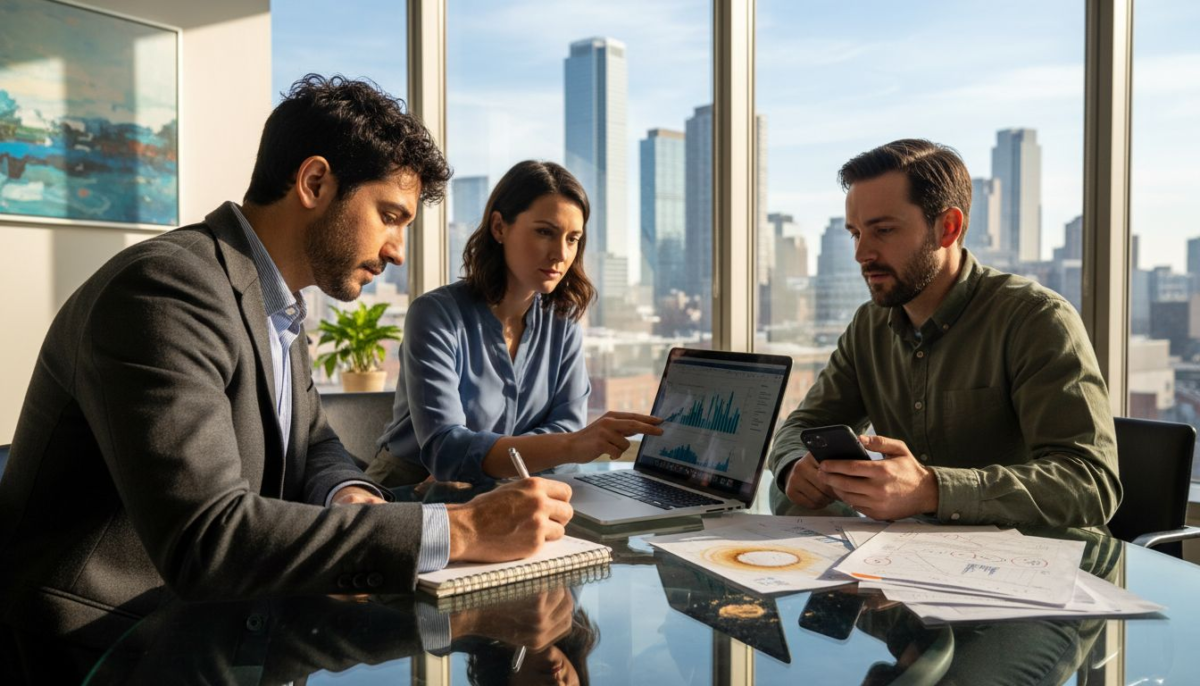 Business team planning website layout in office