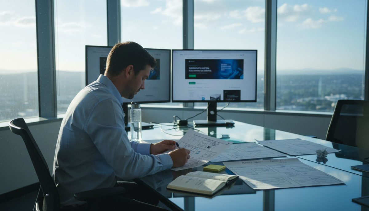 Project manager reviewing website planning documents