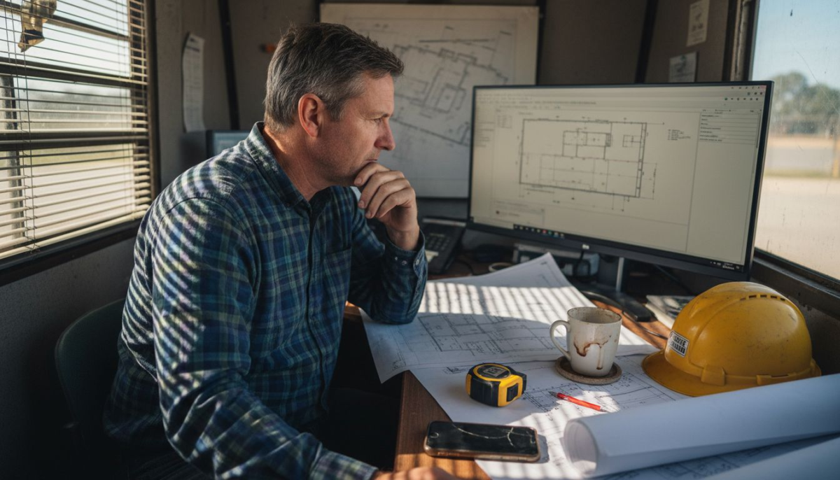 Construction manager reviewing website in site office