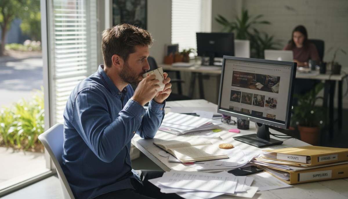 Business owner working on website in coworking space