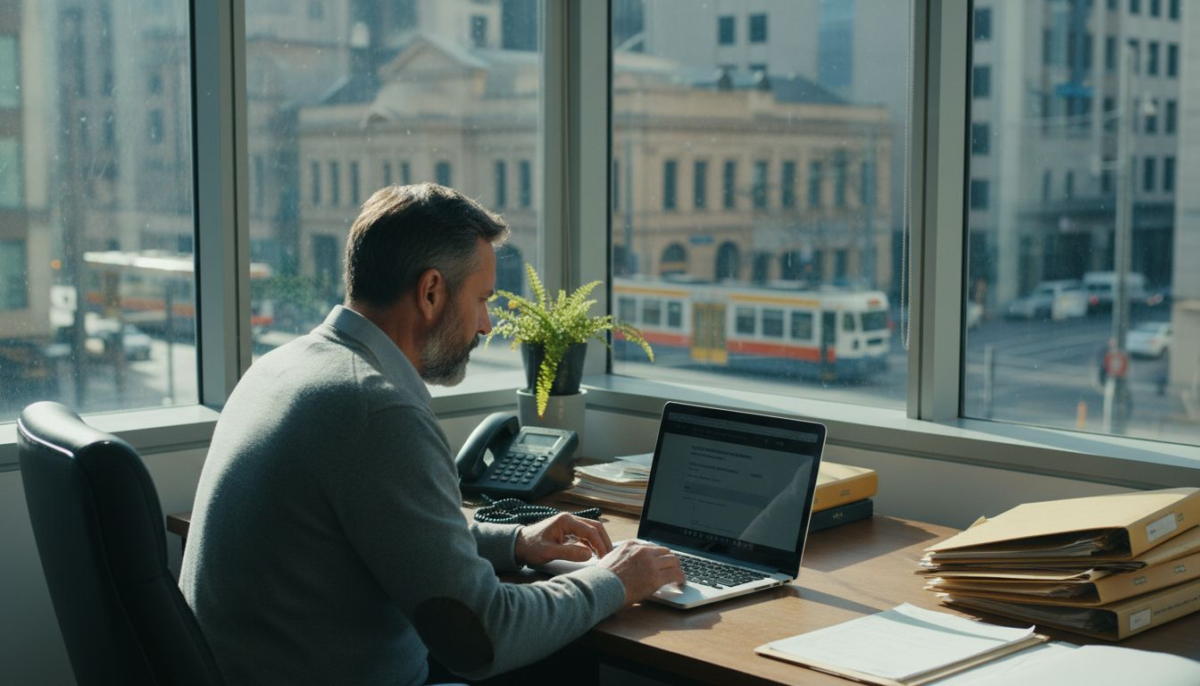 Business owner reviewing computer for website security