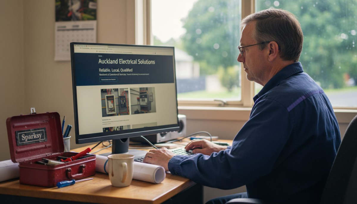 Electrician checking business website on desktop