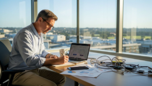 Business owner planning website in bright office