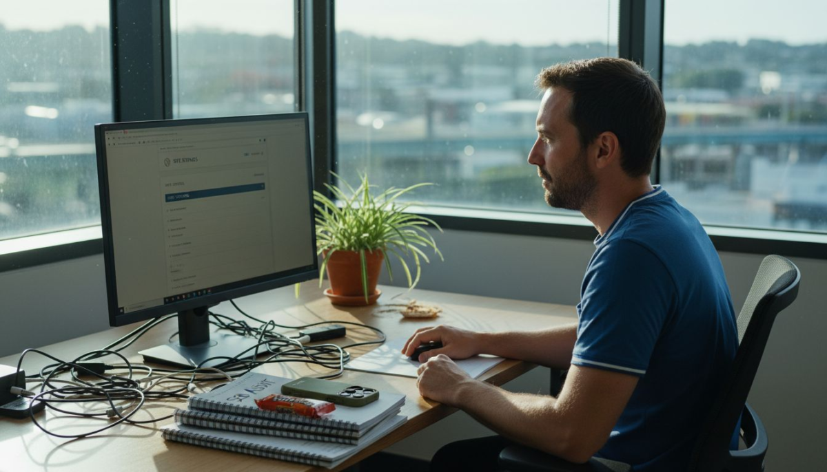 Man working on WordPress SEO at office desk