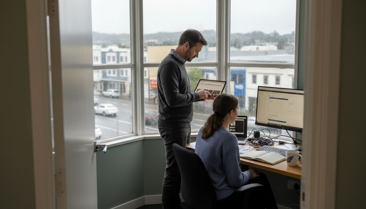 Business owner and designer reviewing custom website in New Zealand office