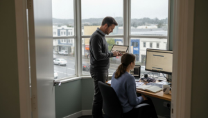 Business owner and designer reviewing custom website in New Zealand office