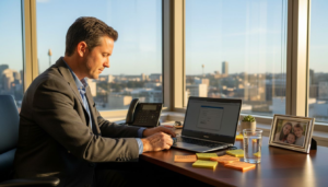 Business owner logging in securely at desk
