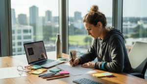 Web designer sketching wireframe at bright desk