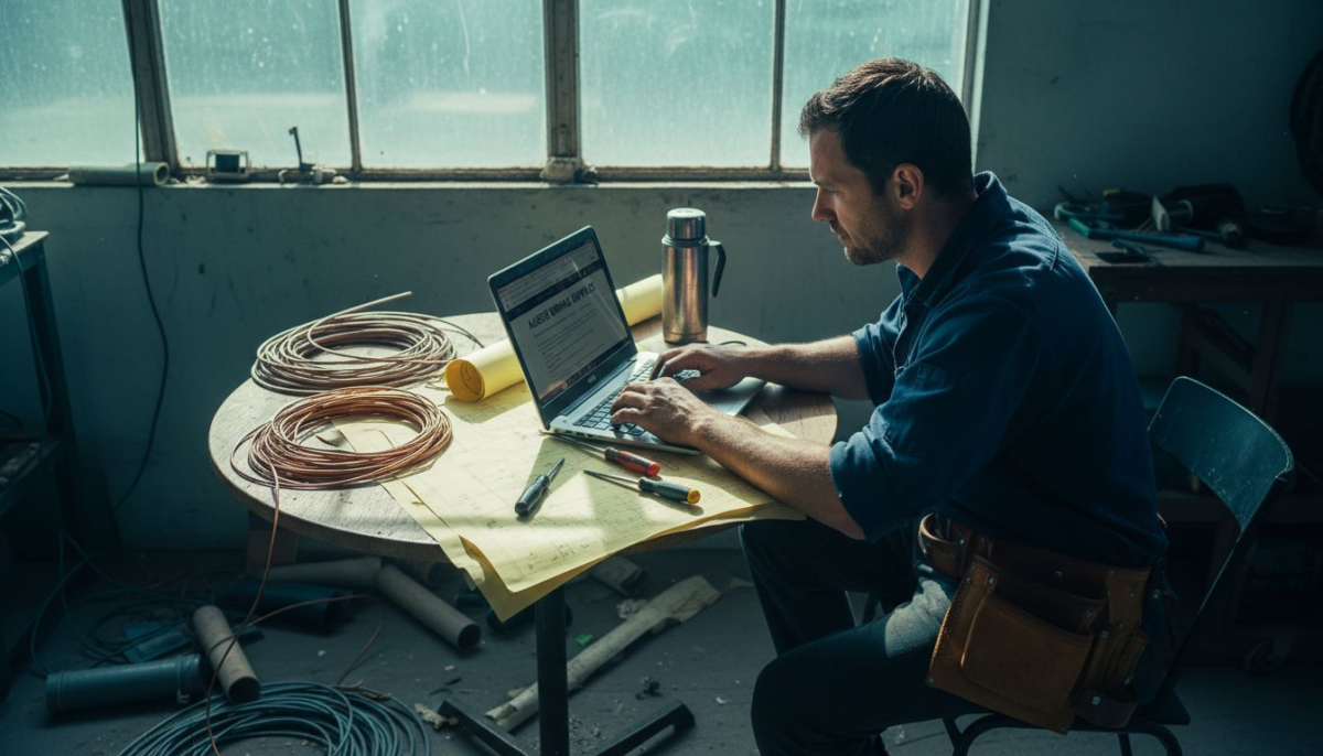 Electrician reviewing website on workshop laptop