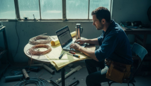 Electrician reviewing website on workshop laptop