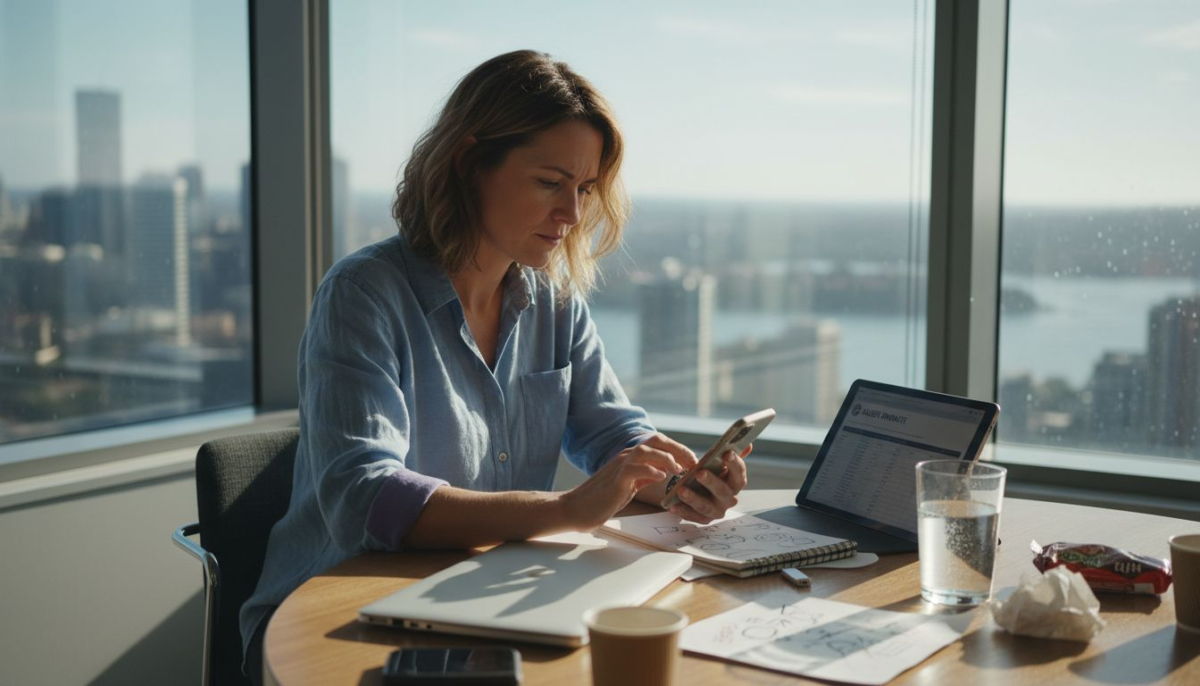 Business owner checks mobile website in sunlit office