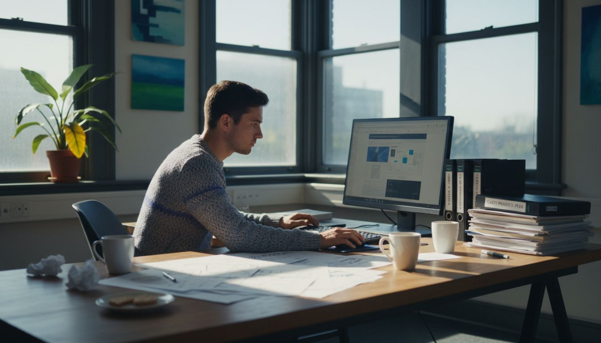 Portfolio website creator working at desk