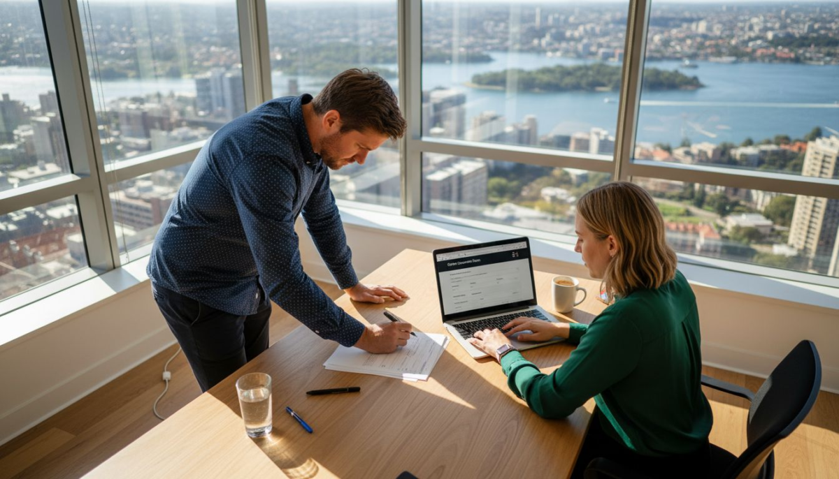 Team collaborating on website forms in office