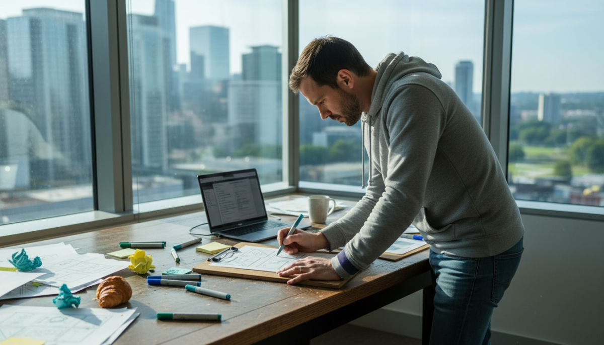 Designer sketching website wireframe at sunlit desk