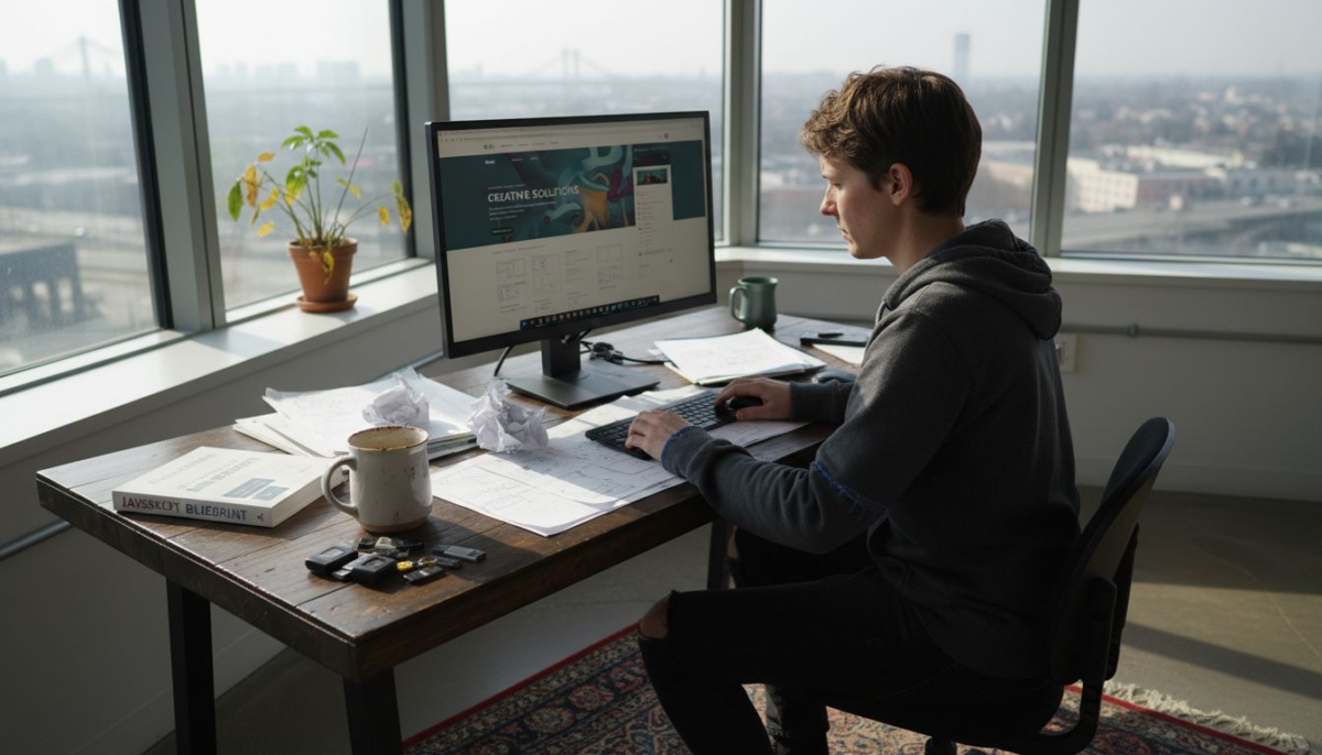 Web designer at desk in morning sunlight