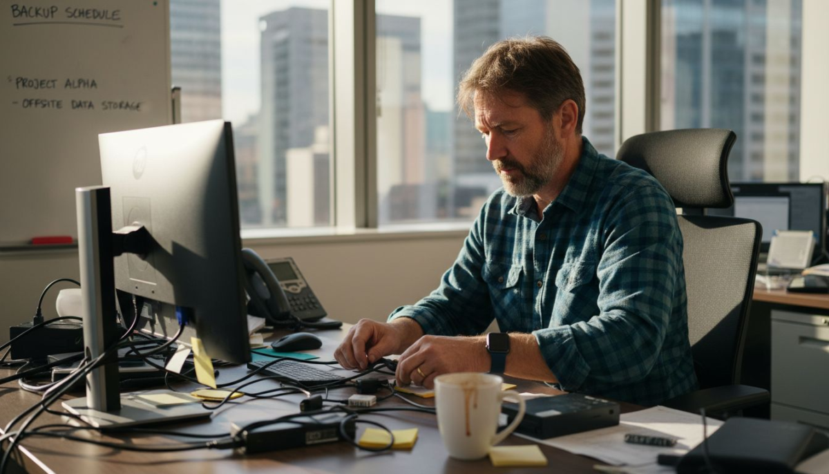 IT manager checking backup drives in office