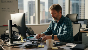 IT manager checking backup drives in office