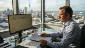 Business owner checking website compliance papers