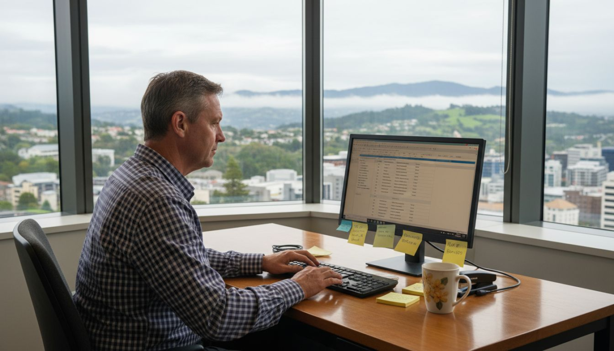Kiwi office worker at computer desk