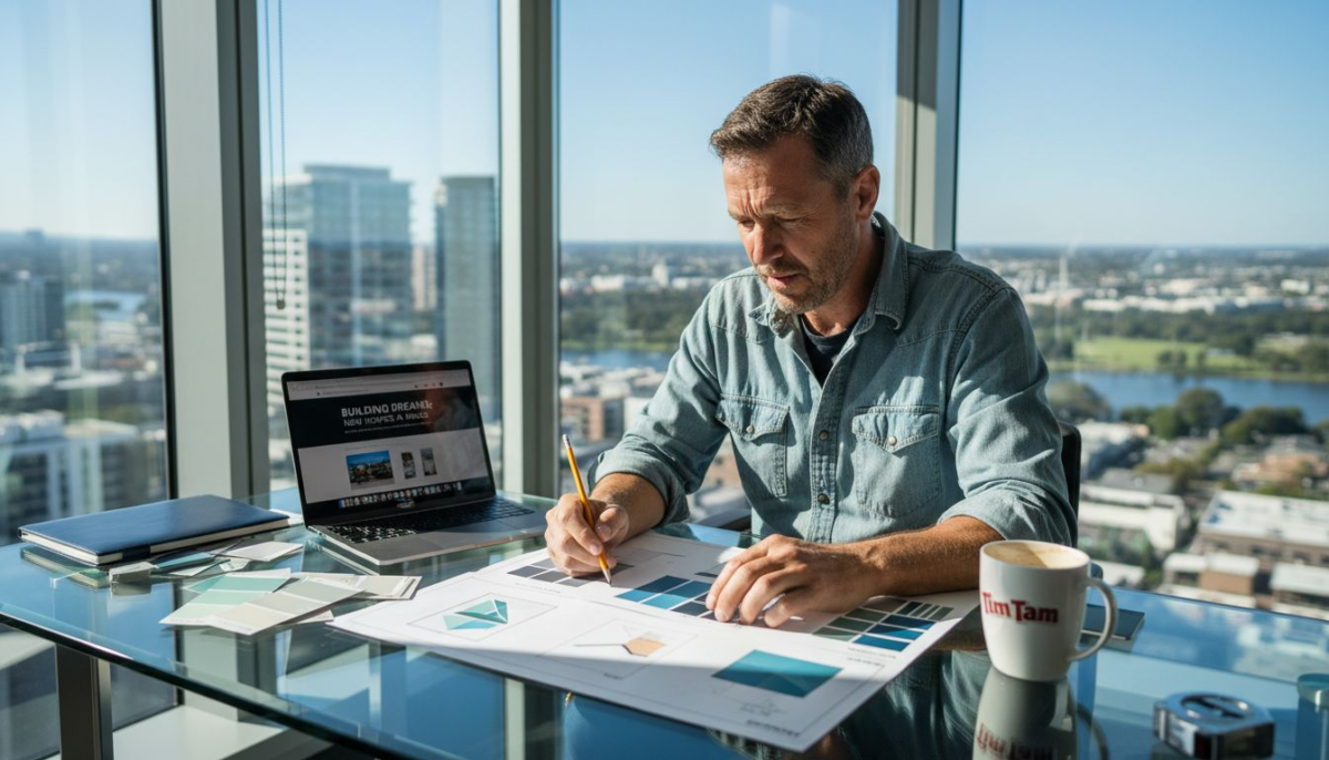 Builder designing branding materials at desk
