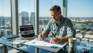 Builder designing branding materials at desk