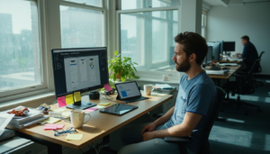UI designer at desk reviewing wireframes