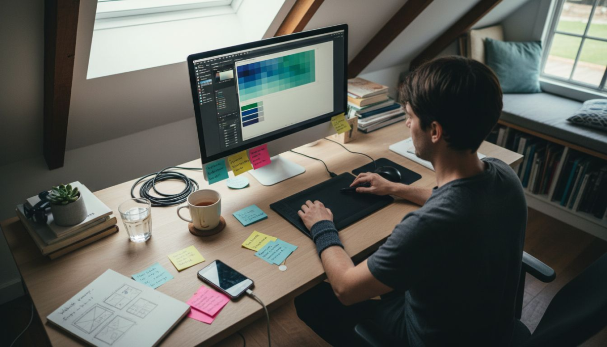 Web designer working at cluttered desk