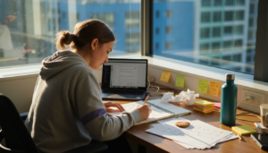 UX designer sketching wireframes at desk