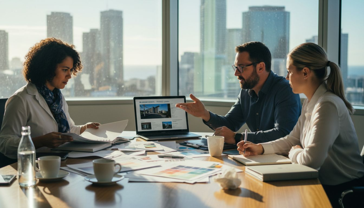 Team reviewing design proofs in corner office