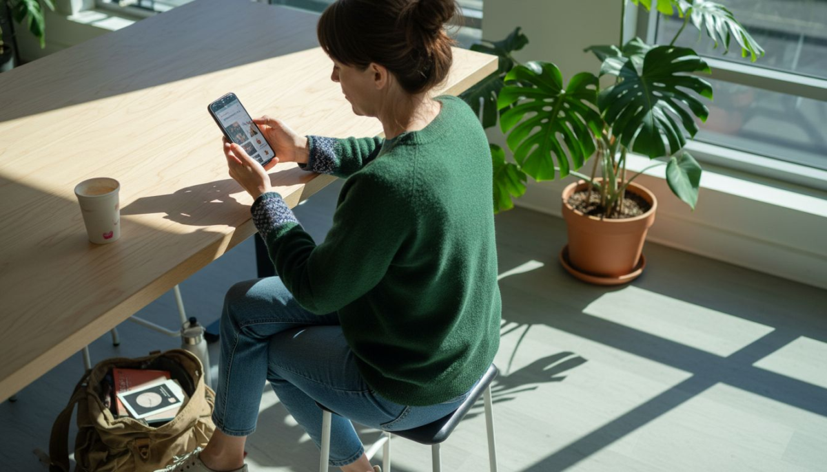 Business owner checks website on smartphone