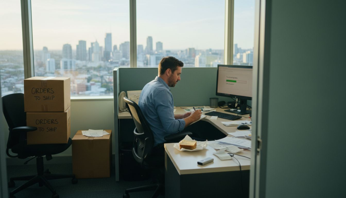 Business owner backs up data in small office