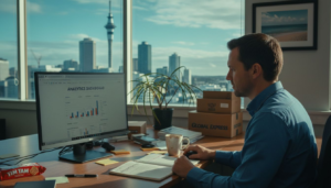 Business owner reviewing website analytics in city office