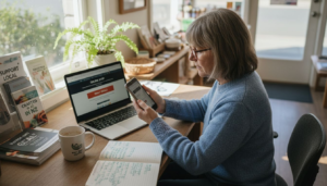 Business owner checking website at desk with laptop