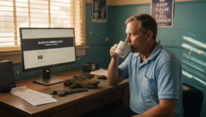 Plumber updating website content at cluttered desk