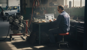 Mechanic viewing website in busy auto shop