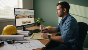 Builder at desk researching website leads