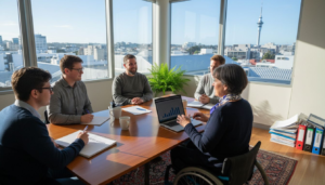 Business team discusses accessibility needs in meeting