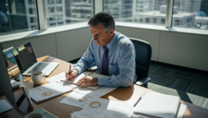 Business owner working in cluttered office