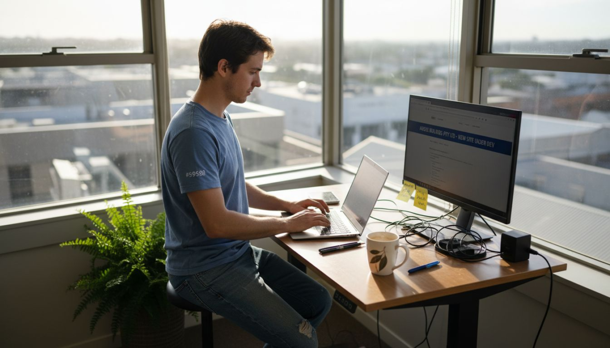 Web developer coding in corner office workspace
