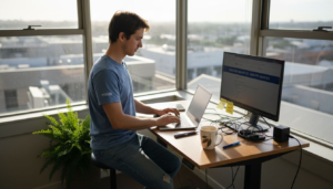 Web developer coding in corner office workspace