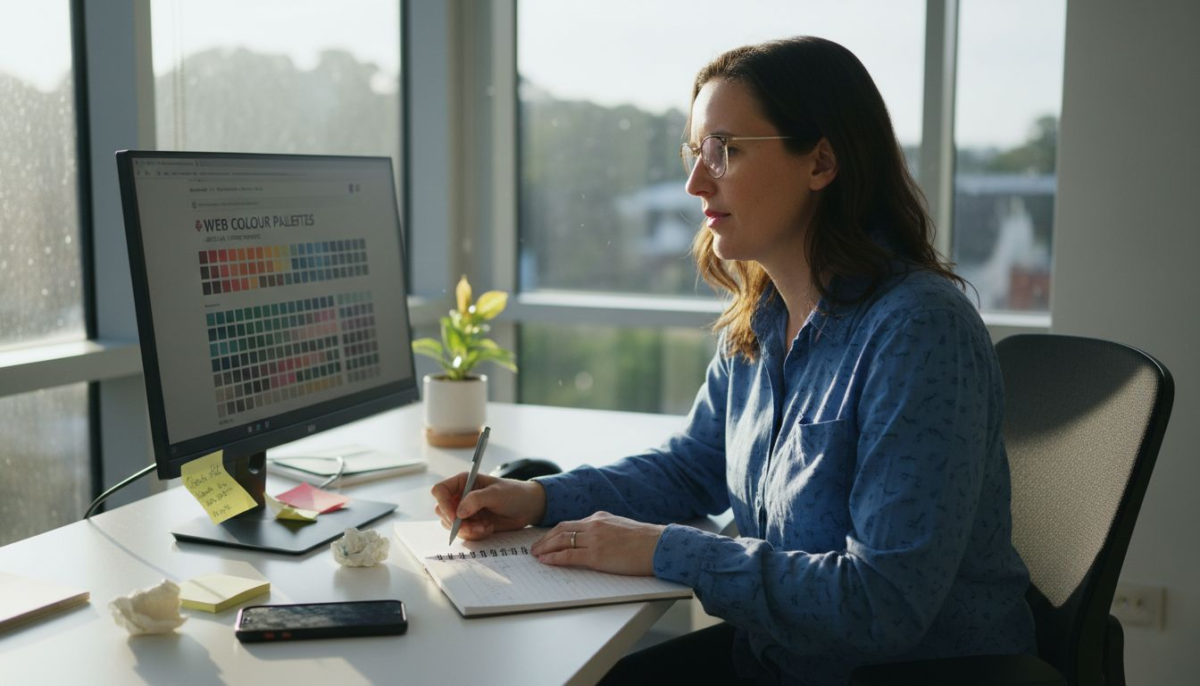 Website owner reviewing colour palettes at desk