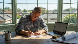 Builder planning SEO tasks in bright home office